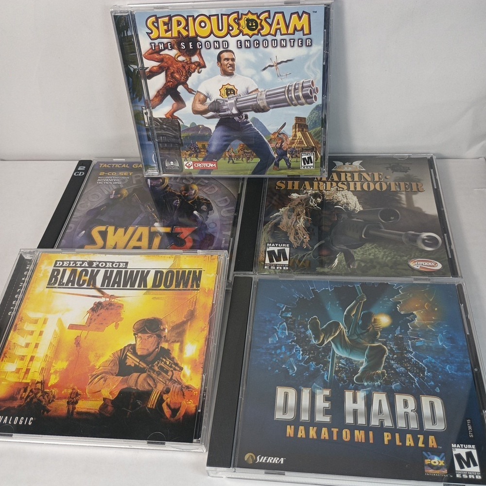 Lot of 5 PC Games Swat3 Serious Sam Die Hard Marine Black Hawk Down